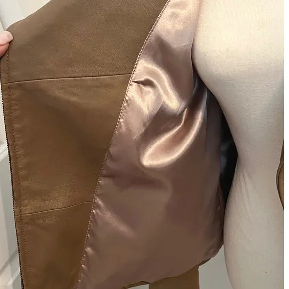 Live a Little Lamb Leather Moto Biker Jacket L Tan Camel - Picture 13 of 15